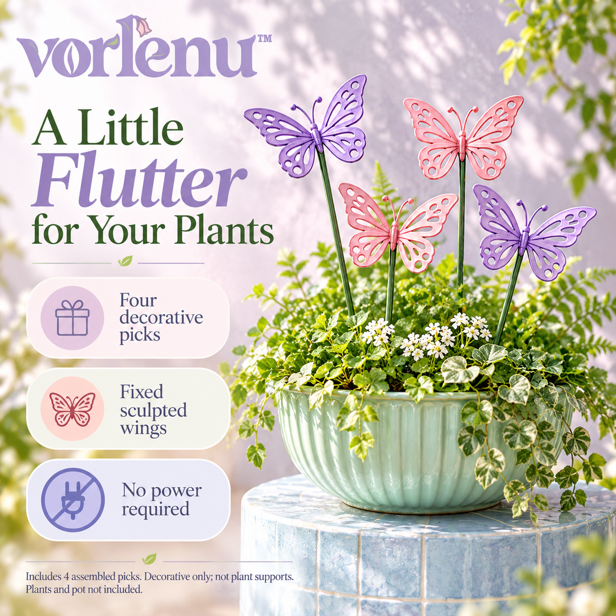 vorlenu™ Meadowwing Butterfly Plant Stakes, 4-Pack Decorative Metal Butterfly Picks for Indoor Pots & Woodland Garden Styling