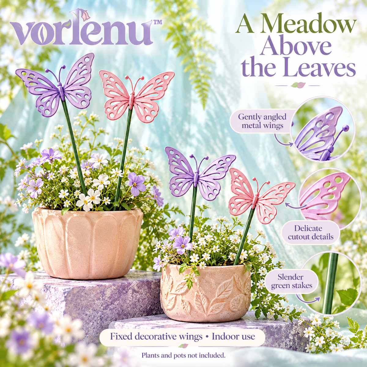vorlenu™ Meadowwing Butterfly Plant Stakes, 4-Pack Decorative Metal Butterfly Picks for Indoor Pots & Woodland Garden Styling