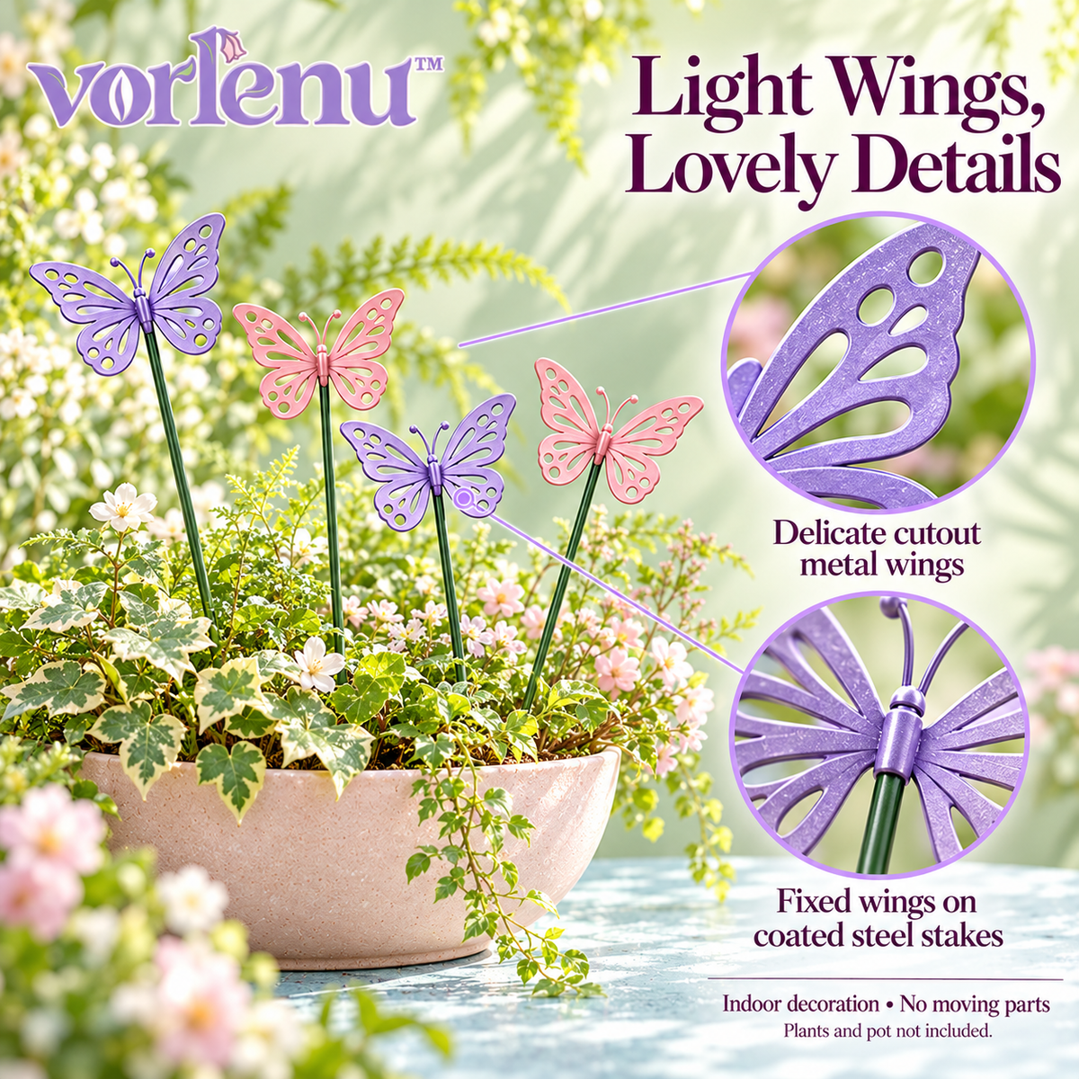vorlenu™ Meadowwing Butterfly Plant Stakes, 4-Pack Decorative Metal Butterfly Picks for Indoor Pots & Woodland Garden Styling