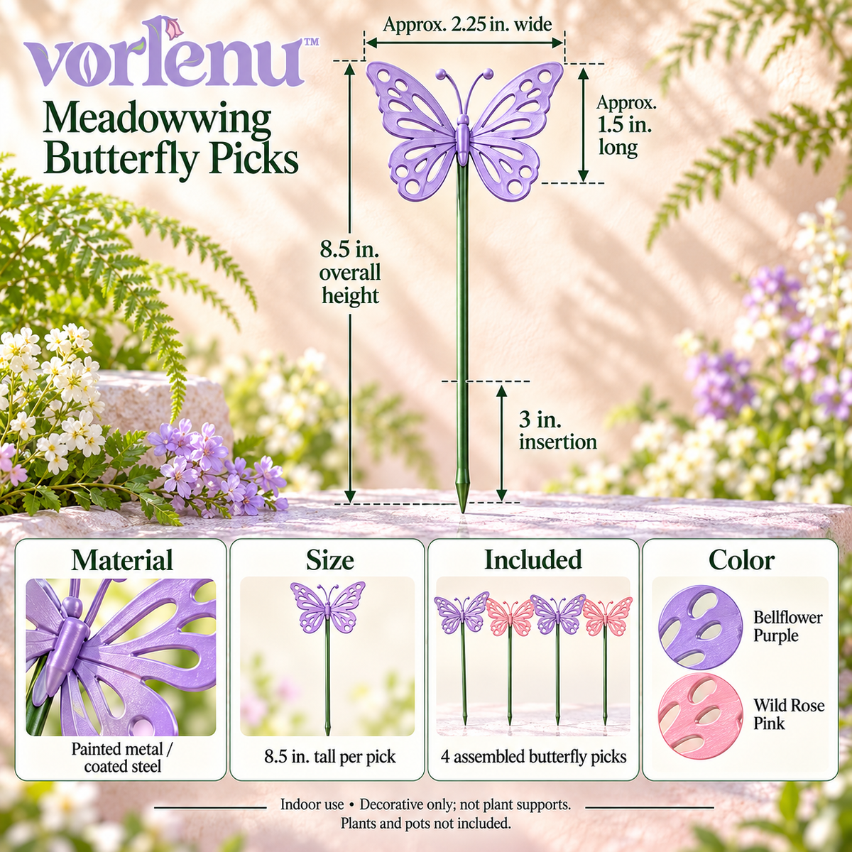 vorlenu™ Meadowwing Butterfly Plant Stakes, 4-Pack Decorative Metal Butterfly Picks for Indoor Pots & Woodland Garden Styling
