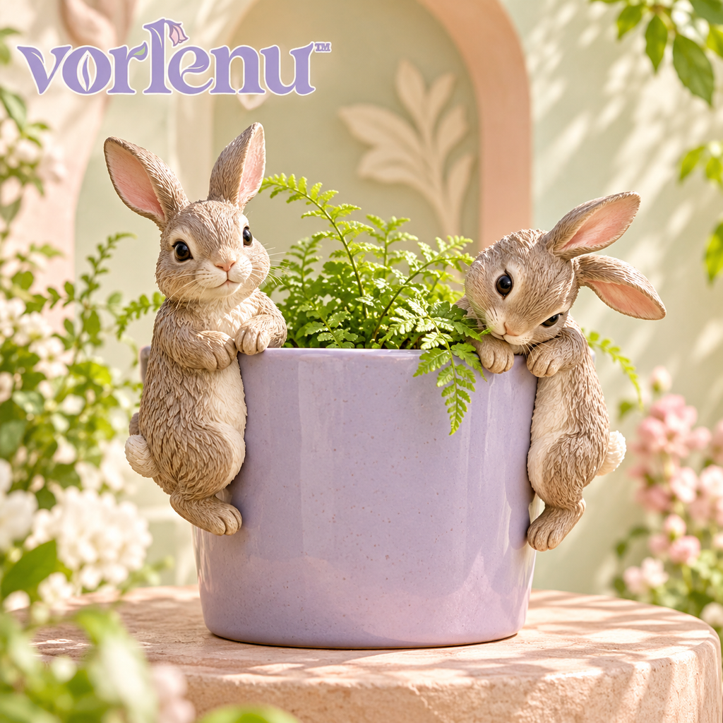 vorlenu™ Woodland Rabbit Pot Huggers, Set of 2 Resin Bunny Planter Rim Decorations for Indoor Flower Pots