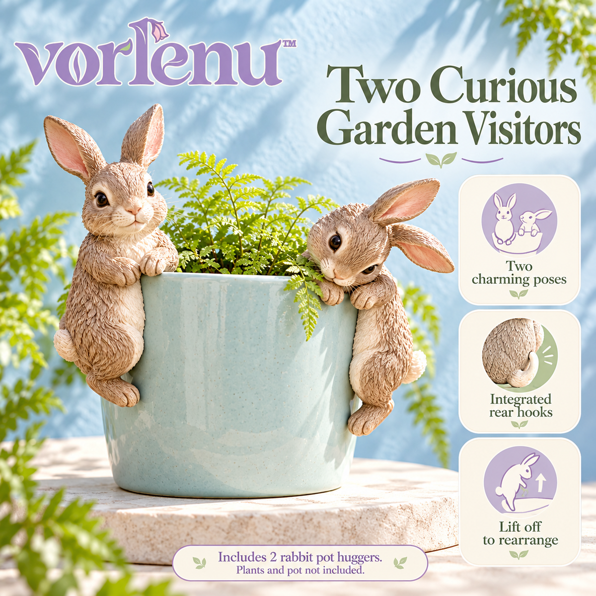 vorlenu™ Woodland Rabbit Pot Huggers, Set of 2 Resin Bunny Planter Rim Decorations for Indoor Flower Pots