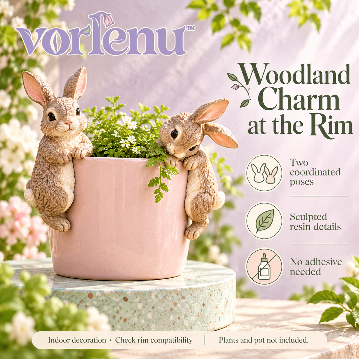 vorlenu™ Woodland Rabbit Pot Huggers, Set of 2 Resin Bunny Planter Rim Decorations for Indoor Flower Pots