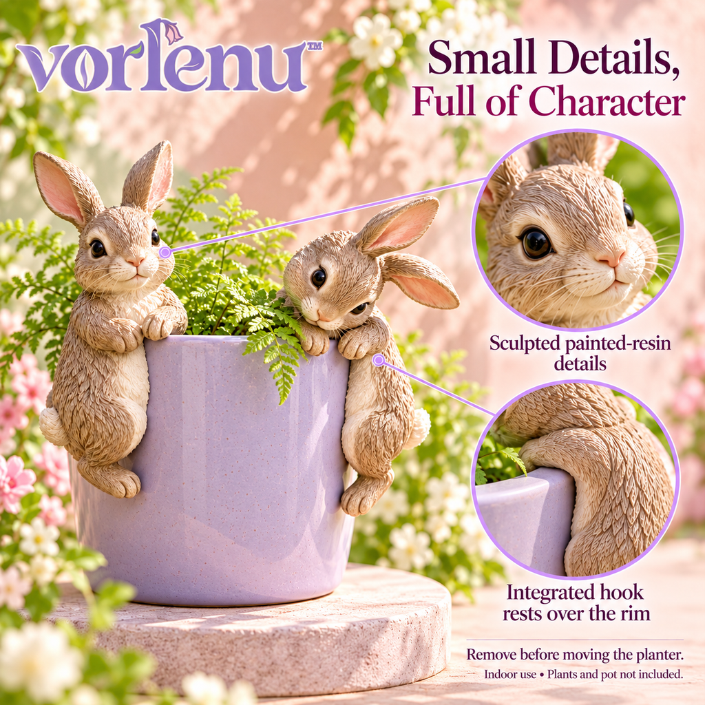vorlenu™ Woodland Rabbit Pot Huggers, Set of 2 Resin Bunny Planter Rim Decorations for Indoor Flower Pots
