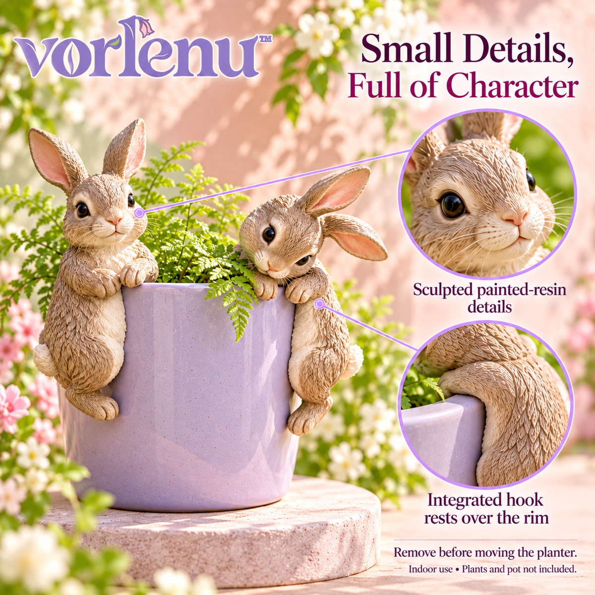 vorlenu™ Woodland Rabbit Pot Huggers, Set of 2 Resin Bunny Planter Rim Decorations for Indoor Flower Pots